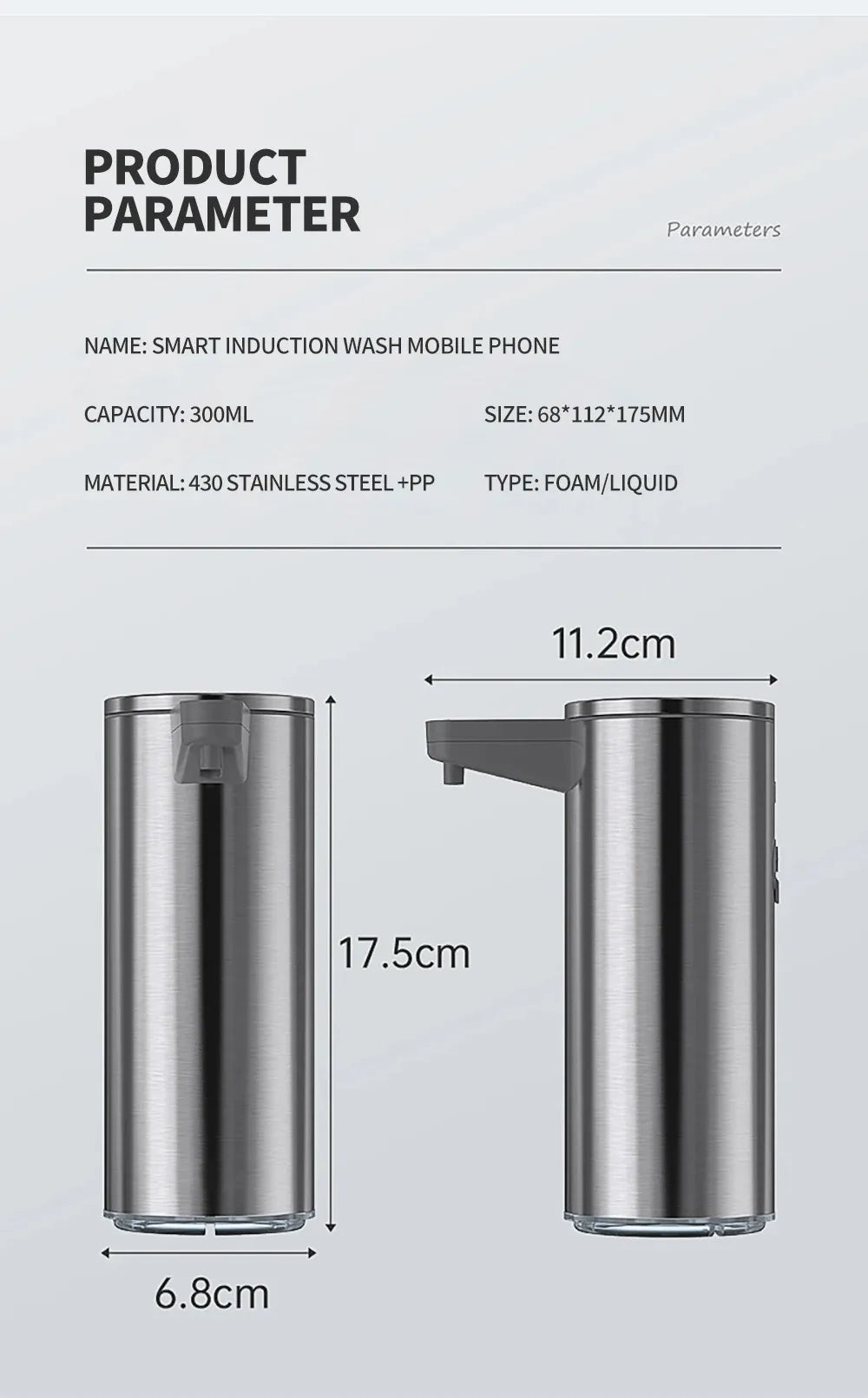 tainless Steel Soap Dispenser, Contactless Wall-Mounted