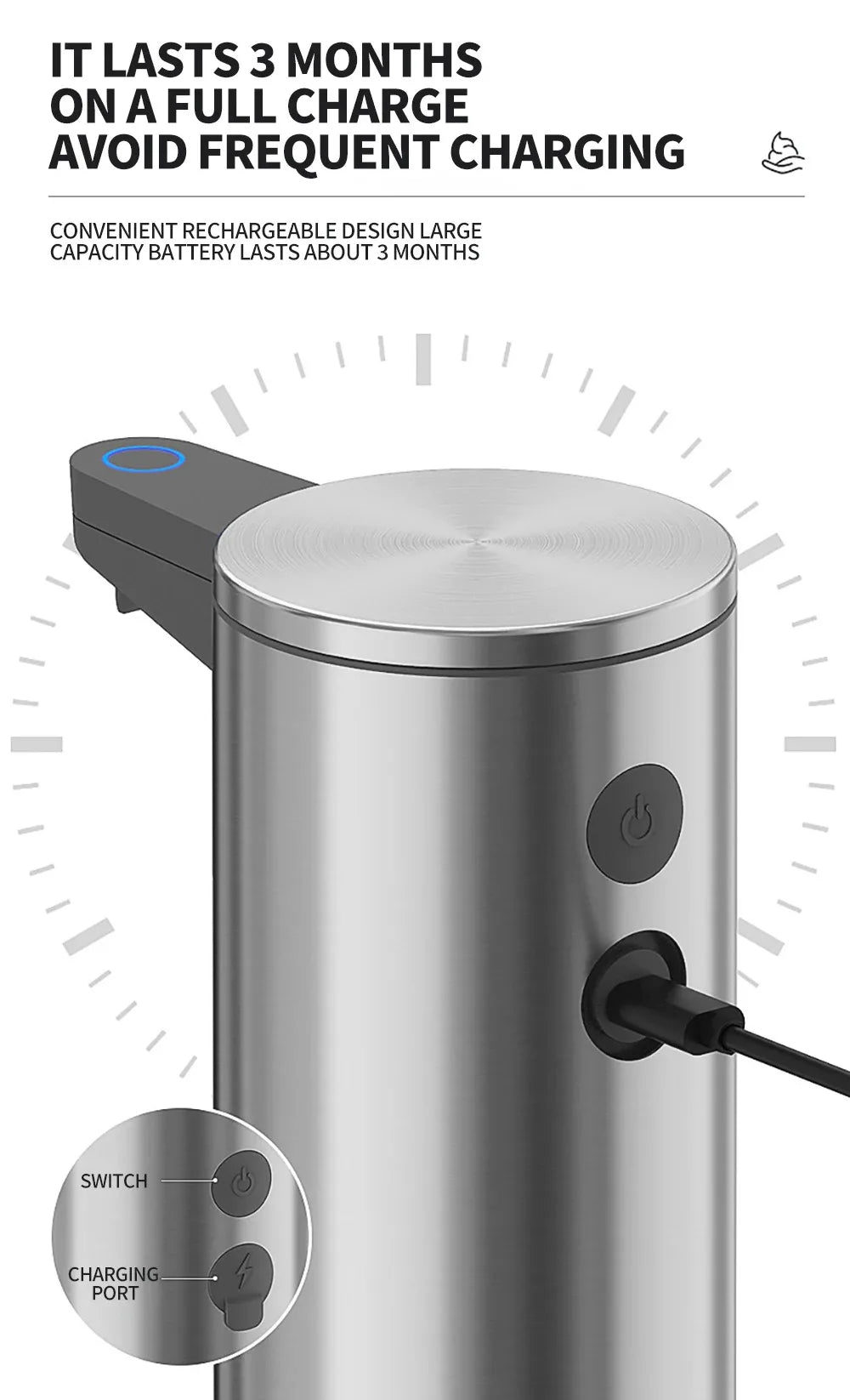 tainless Steel Soap Dispenser, Contactless Wall-Mounted